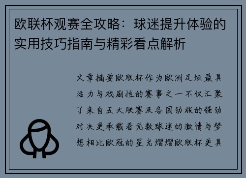 欧联杯观赛全攻略：球迷提升体验的实用技巧指南与精彩看点解析